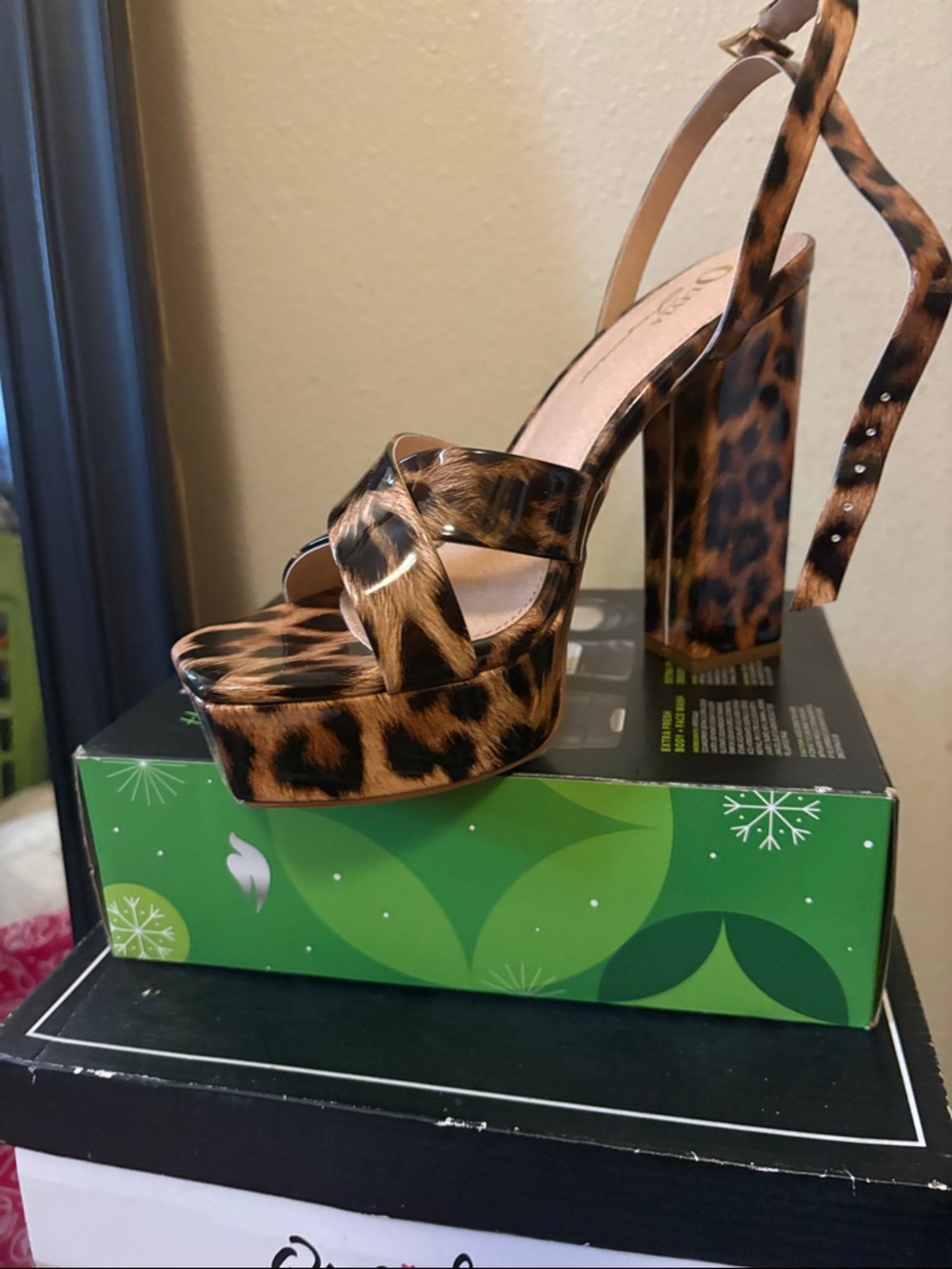 Leopard Print Platform Sandals with High Block Heel - Brown/Black - Picture 2 of 2
